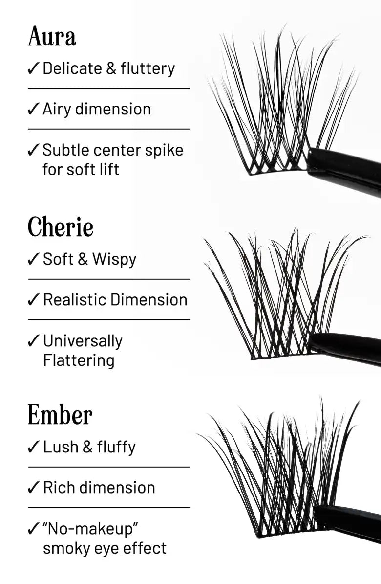 Cherie NanoSoft lash clusters with a soft, wispy design shown beside Aura and Ember cluster styles.