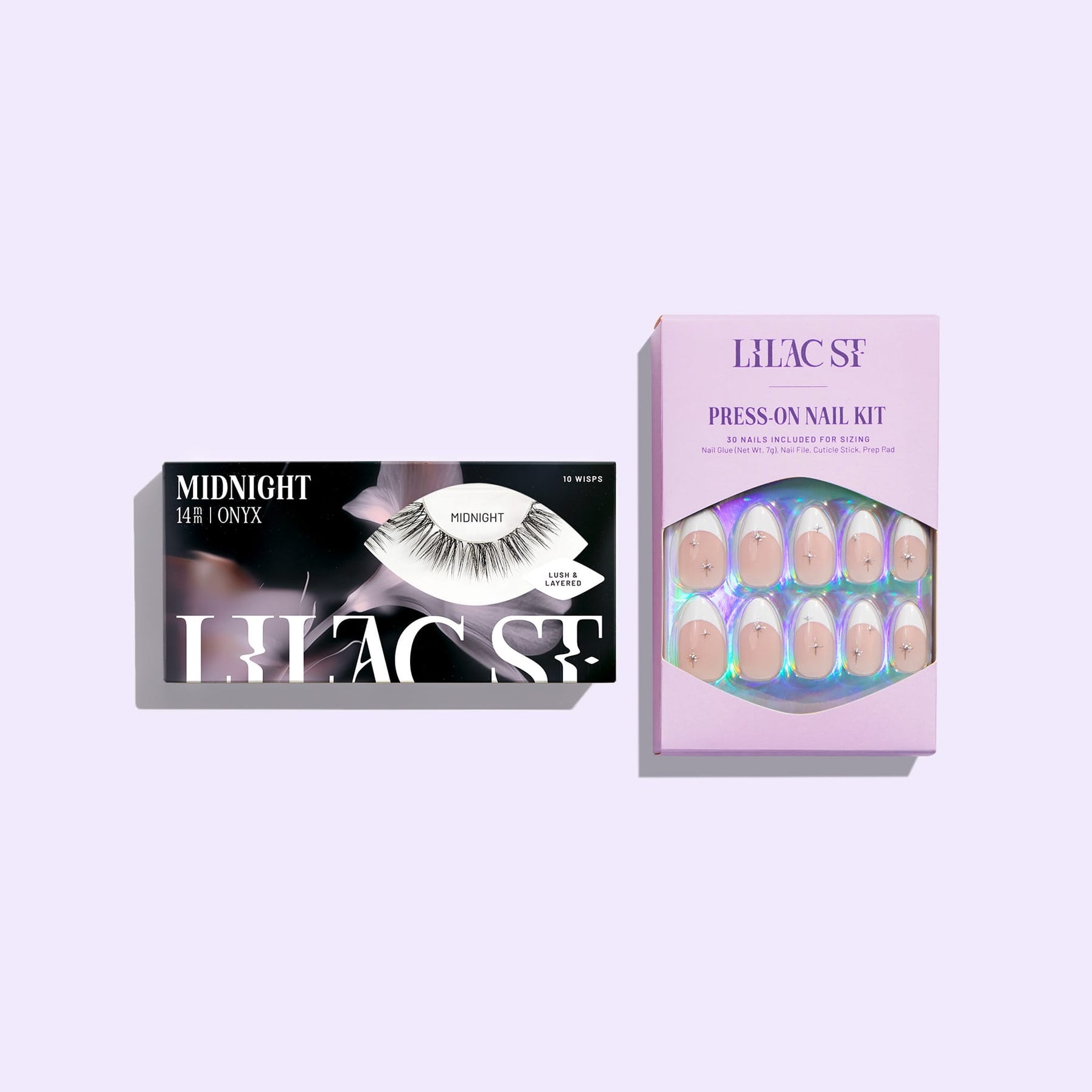 Lilac St. press on nail kit with Midnight lash extensions