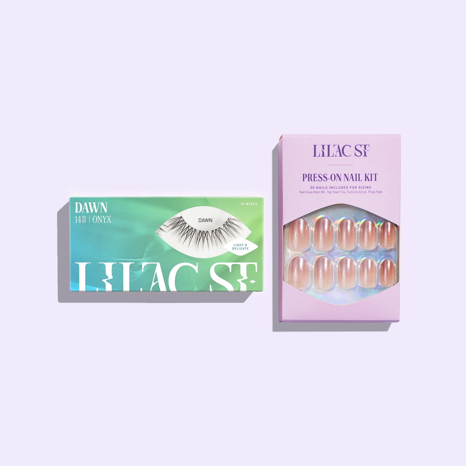 Lilac St. press on nail kit with Dawn lash extensions