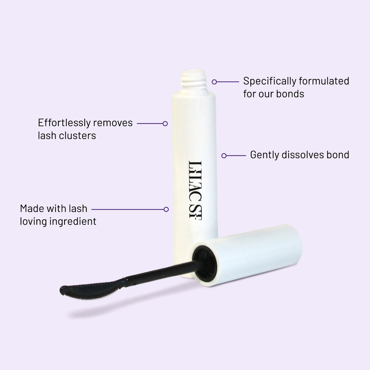 Lilac St. Bond Breaker lash remover with a half-comb applicator wand beside its open tube.