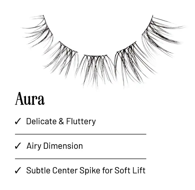 Aura lash clusters arranged in an arc above text describing a delicate, airy design with a subtle center spike.