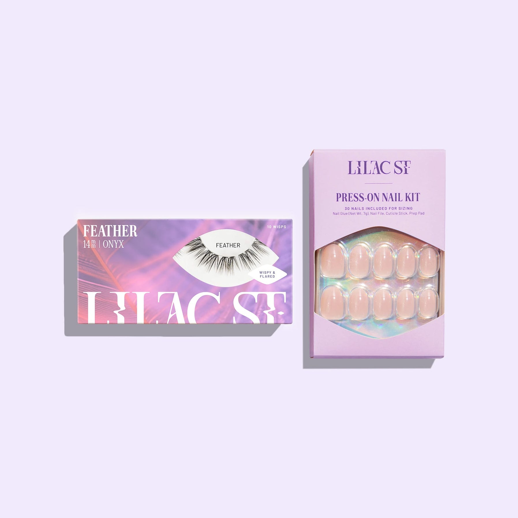 Lilac St. press on nail kit with Feather lash extensions