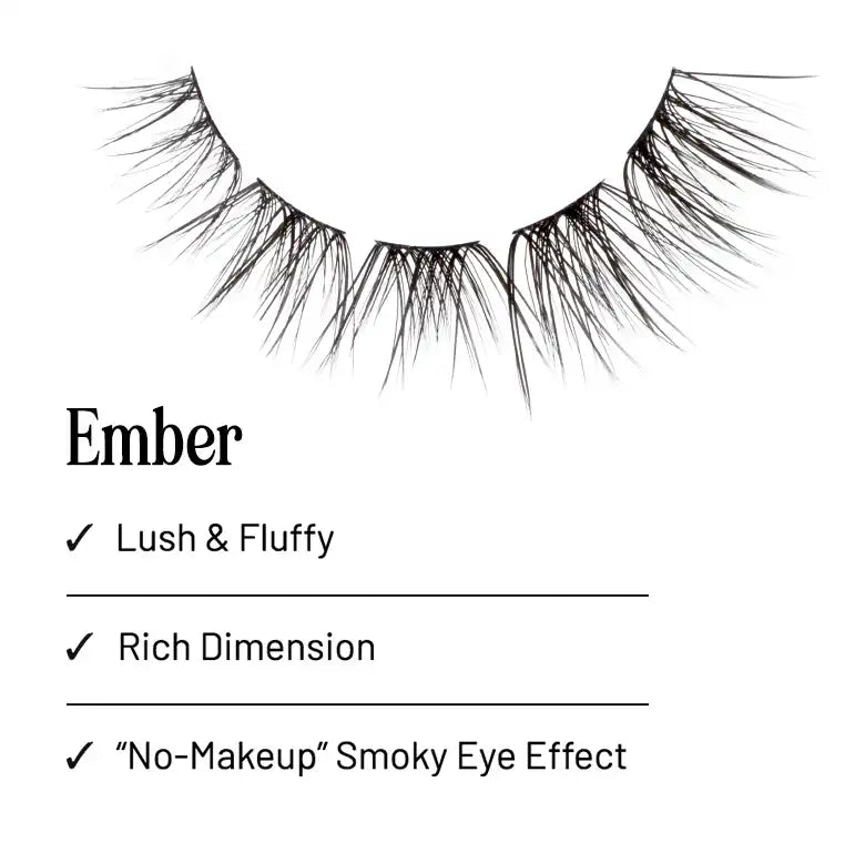 Ember lash clusters arranged in a curved row, with text describing a lush, fluffy look and rich dimension.