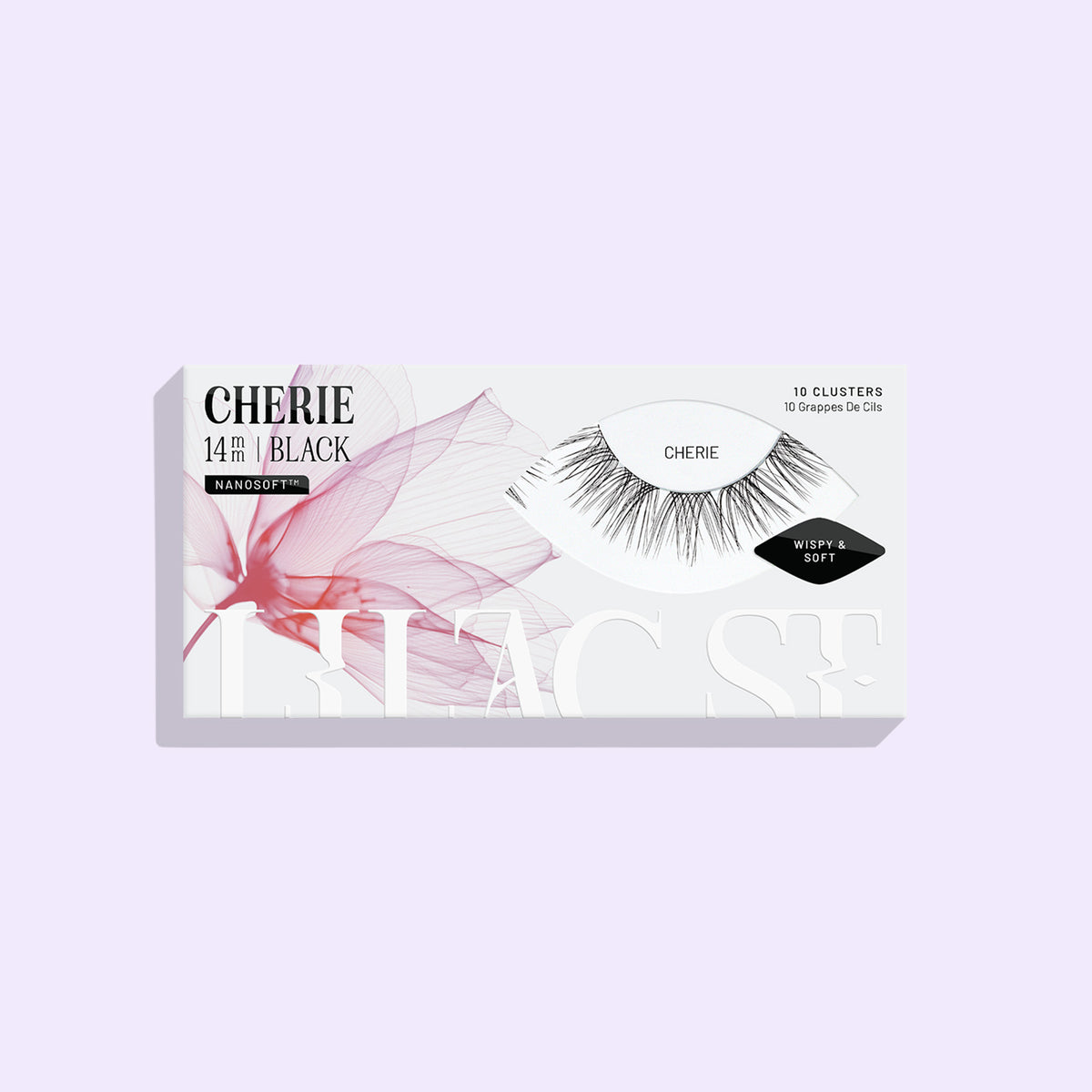 Lilac St. Cherie 14mm lash cluster tray with ten wisps, shown in its white and lilac box.