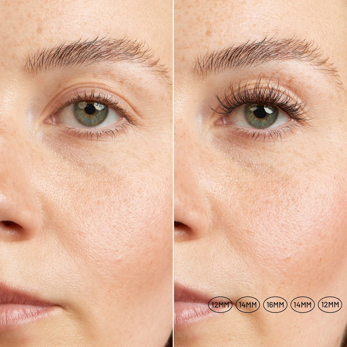 Aura NanoSoft lash clusters on a close-up eye, with a natural lifted look and lengths labeled 12mm to 16mm.