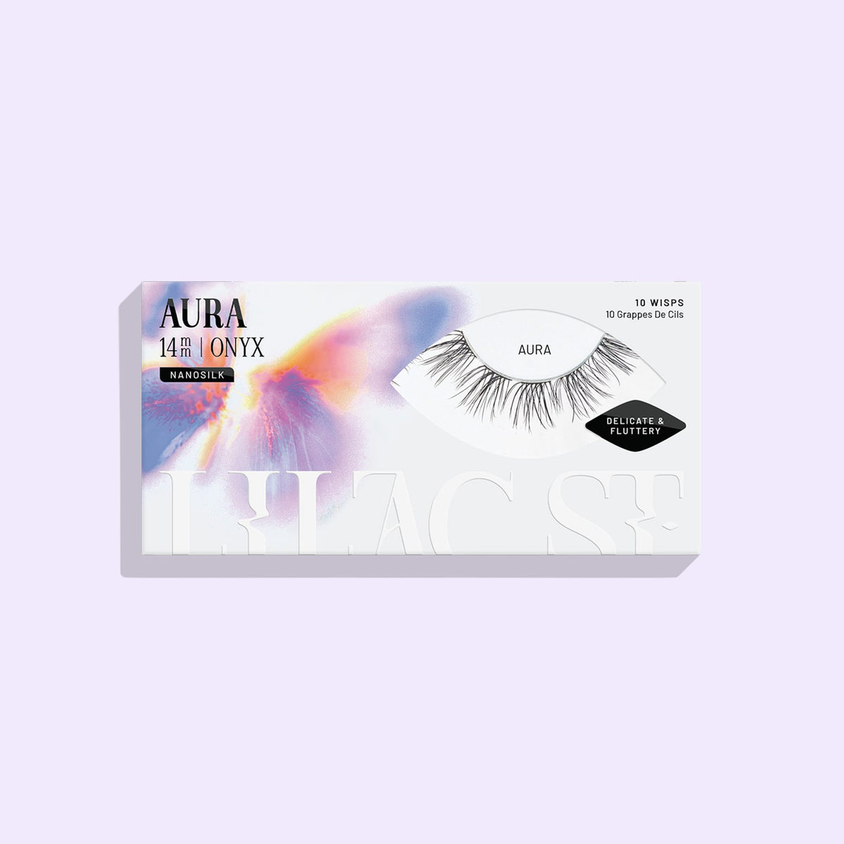 Lilac St. Aura NanoSoft lash cluster box showing a delicate, natural-looking lash style on a soft lilac background.