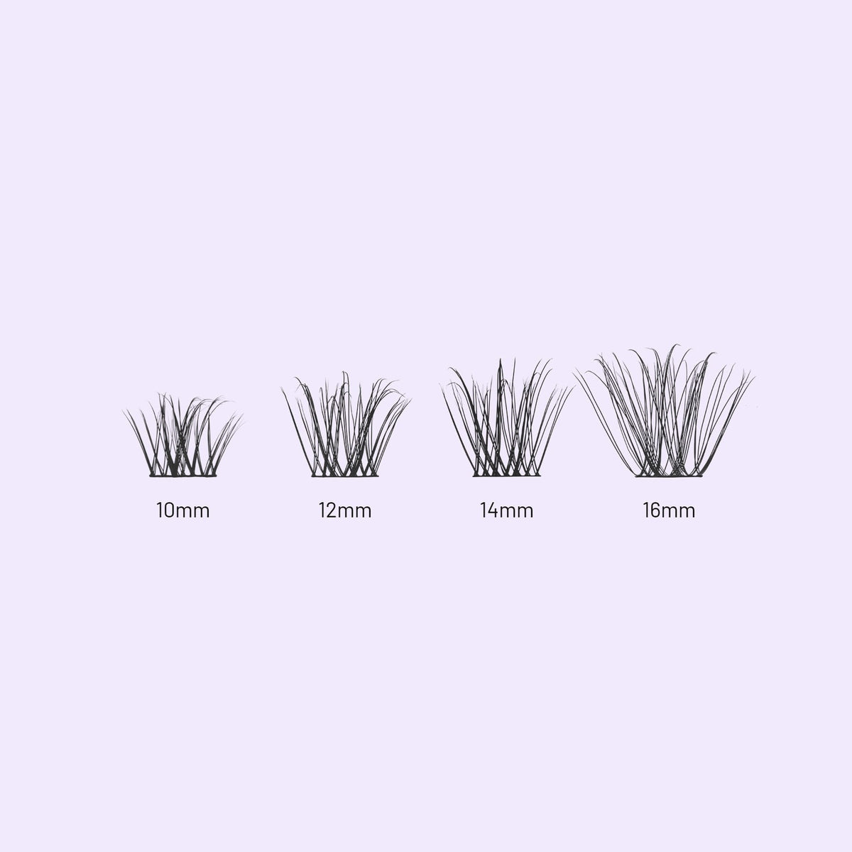 Aura NanoSoft lash clusters in four lengths, from 10mm to 16mm, arranged against a soft lilac background.
