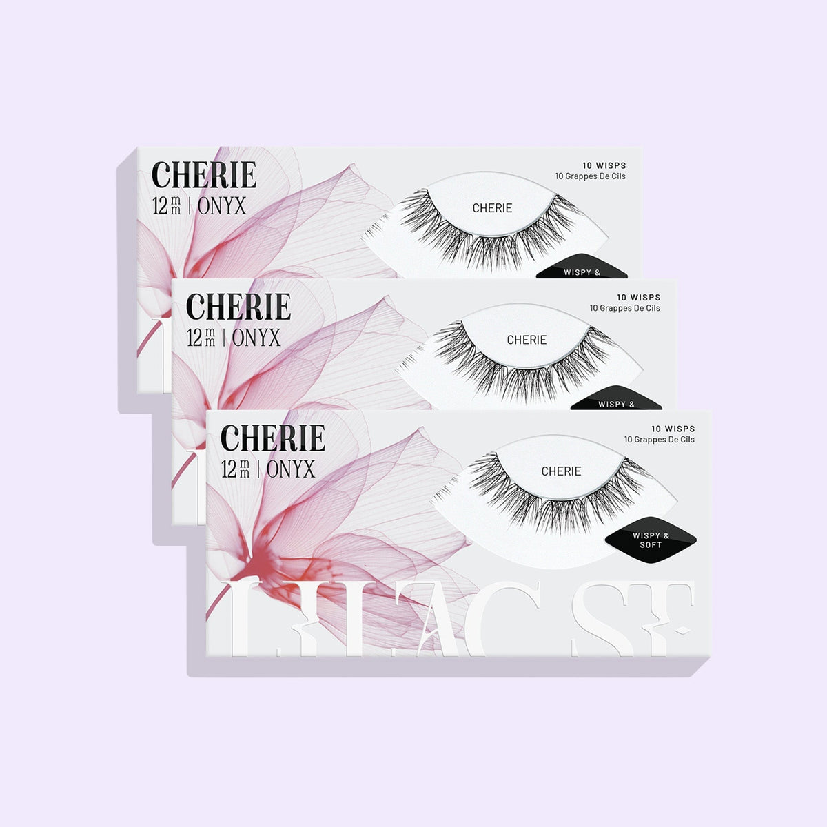 Three Cherie 12mm NanoSoft lash cluster trays from Lilac St. arranged against a soft lilac background.