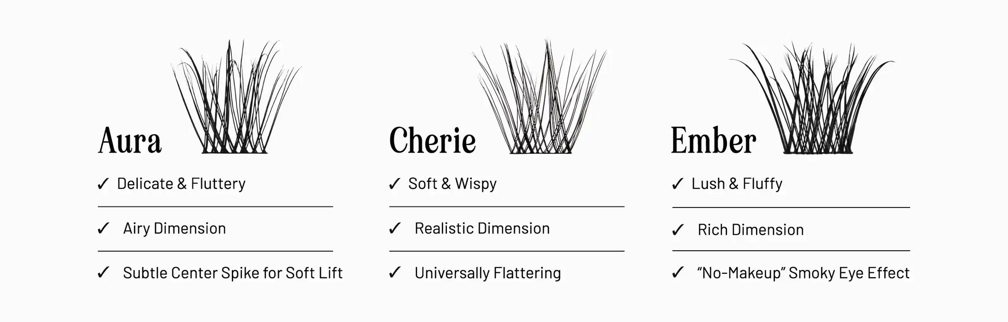 Comparison graphic showing Aura, Cherie, and Ember lash cluster styles with different lash patterns and finishes.
