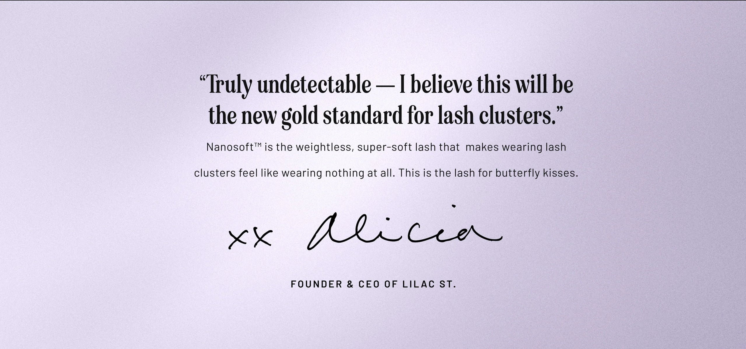 Lilac St. Ember lash cluster quote card with a founder testimonial on a soft lilac background.