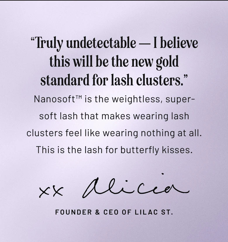Lilac St. quote card featuring a testimonial about NanoSoft lash clusters and a handwritten signature.