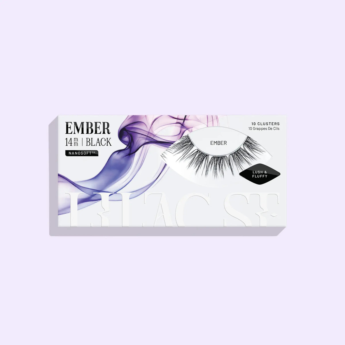 Ember NanoSoft lash cluster tray in 14 mm lengths, shown closed against a soft lilac background.