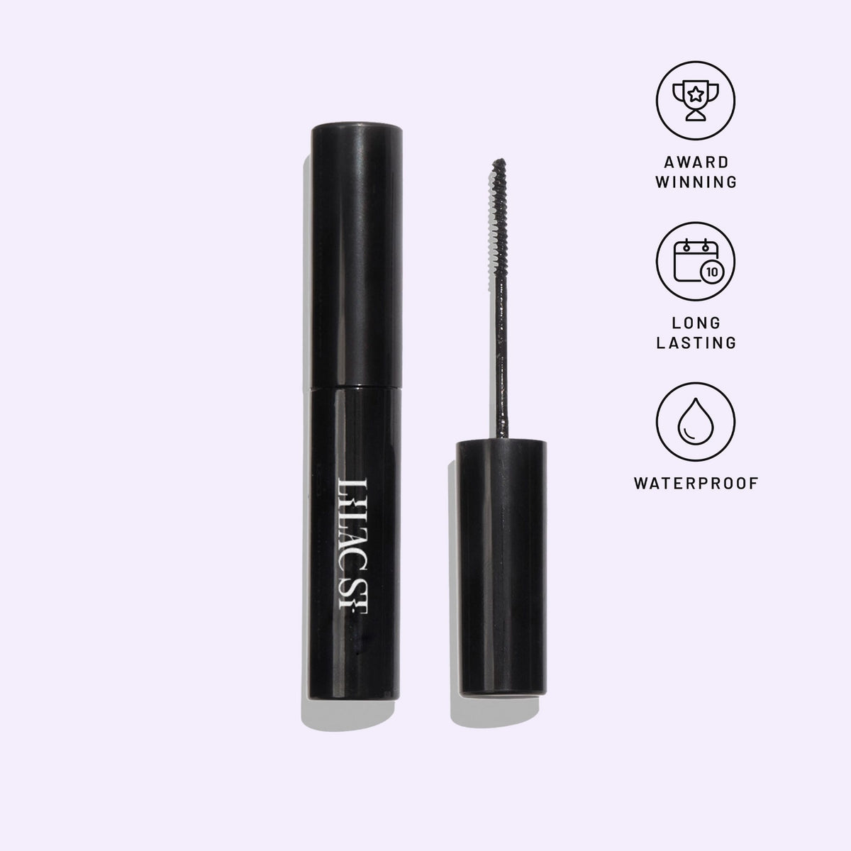 Lilac St. Eternal Bond black lash bond tube with its brush wand beside it, shown with waterproof and long-lasting icons.