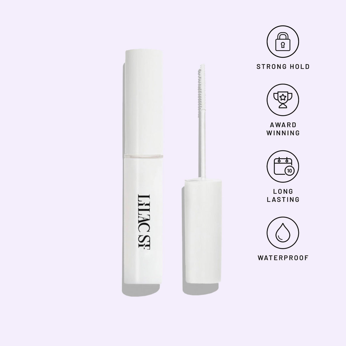 Lilac St. Eternal Bond lash bond tube and wand beside icons for strong hold, long wear, and water resistance.