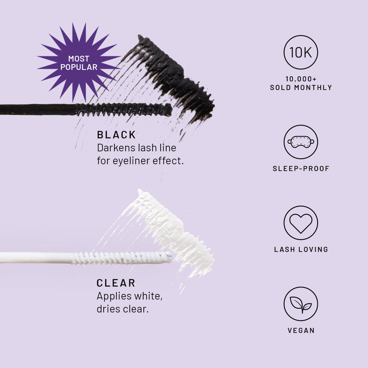 Eternal Bond lash bond in black and clear, shown on white applicator wands with color descriptions.