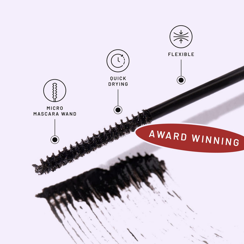 Eternal Bond lash bond with a micro mascara wand beside a black swatch, labeled quick drying and flexible.