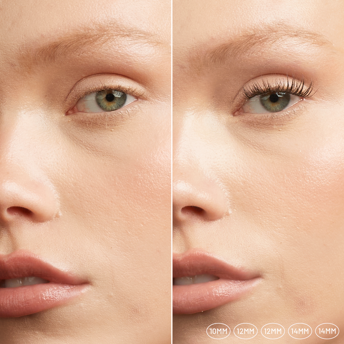 Lilac St. Original Cat Eye lash extensions shown before and after, adding a lifted, tapered effect to one eye.