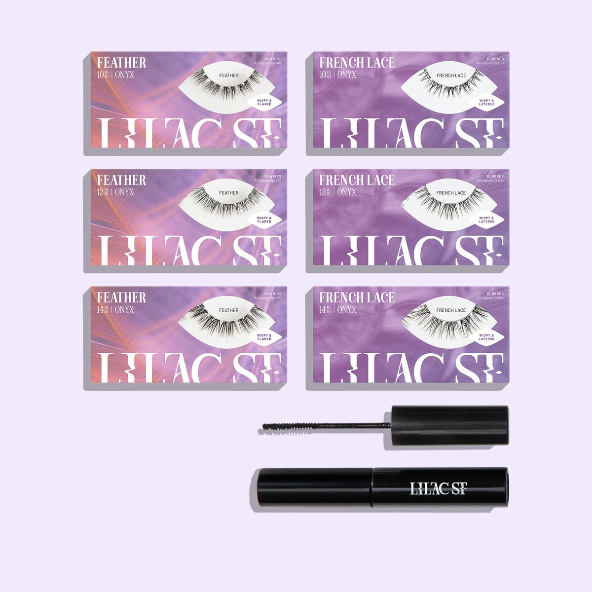 Wispy Romantic Kit with six Lilac St. lash cluster trays and a black lash bond and sealant.